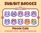 Purple Cat Twitch sub badge pack featuring 10 subscriber badges with progressive addon elements.