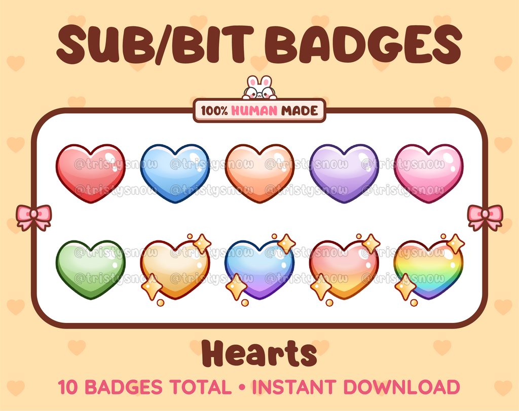 Heart Twitch sub badge pack featuring 10 subscriber badges in multiple color variations.