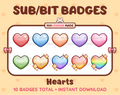 Heart Twitch sub badge pack featuring 10 subscriber badges in multiple color variations.