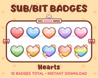Heart Twitch sub badge pack featuring 10 subscriber badges in multiple color variations.