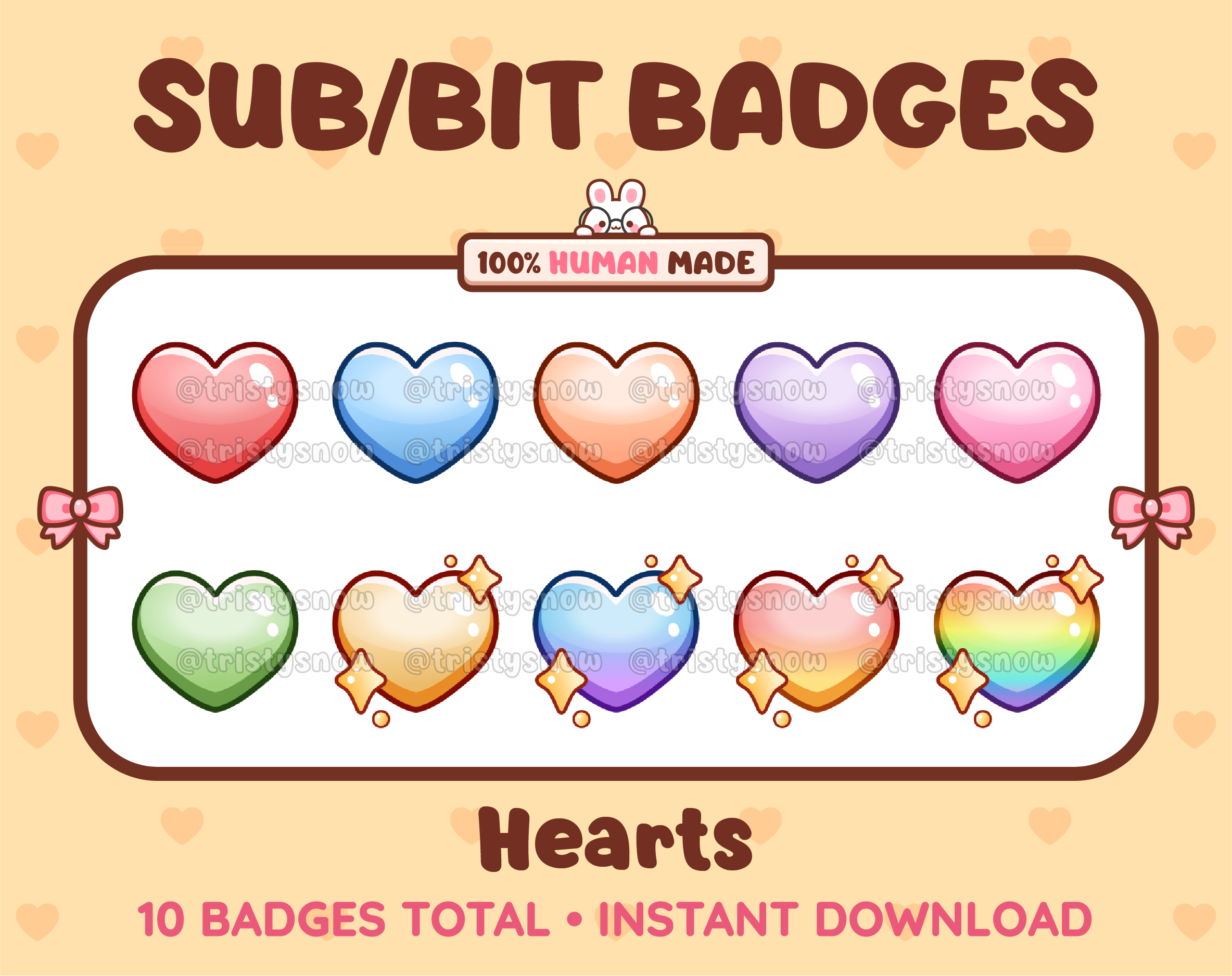 Heart Twitch sub badge pack featuring 10 subscriber badges in multiple color variations.