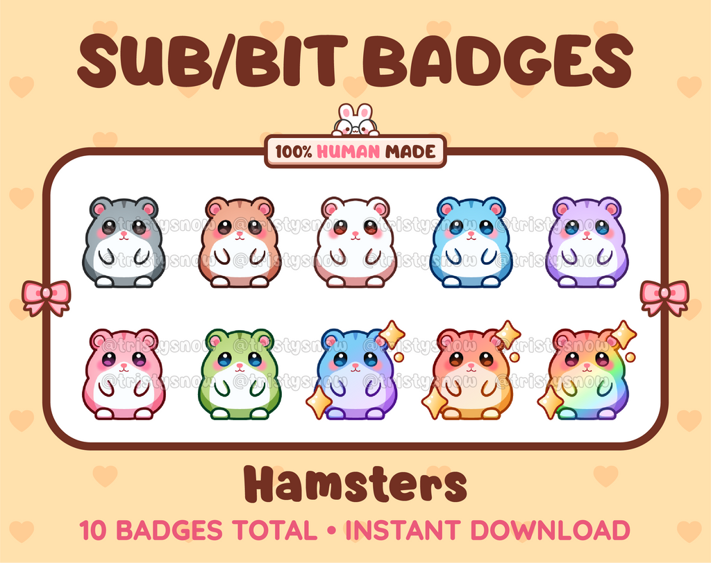 Hamster Twitch sub badge pack featuring 10 subscriber badges in multiple color variations.