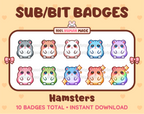 Hamster Twitch sub badge pack featuring 10 subscriber badges in multiple color variations.