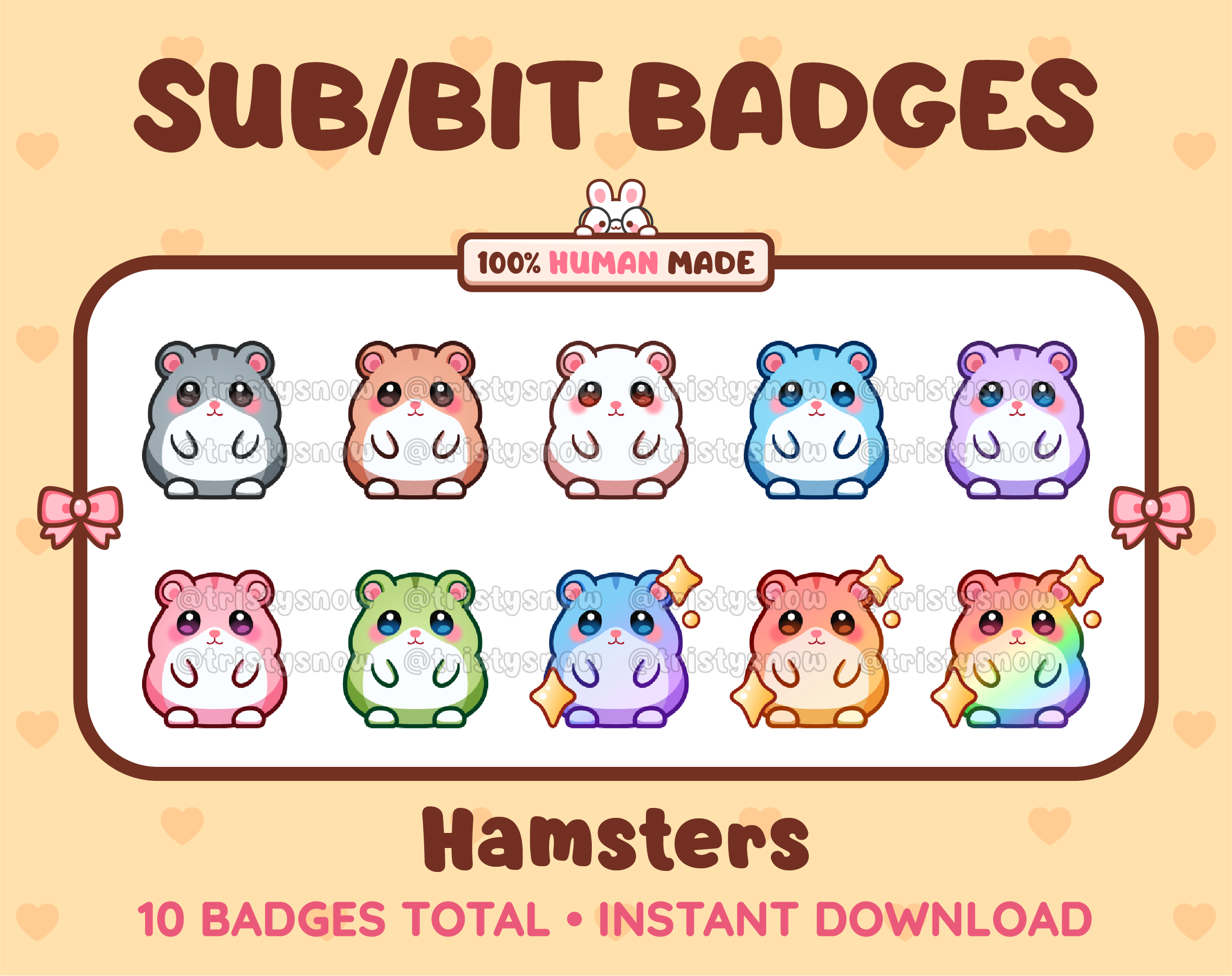 Hamster Twitch sub badge pack featuring 10 subscriber badges in multiple color variations.
