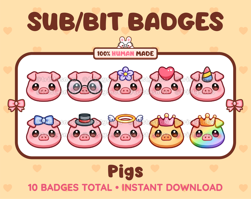 Pig Twitch sub badge pack featuring 10 subscriber badges with progressive addon elements.