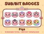 Pig Twitch sub badge pack featuring 10 subscriber badges with progressive addon elements.