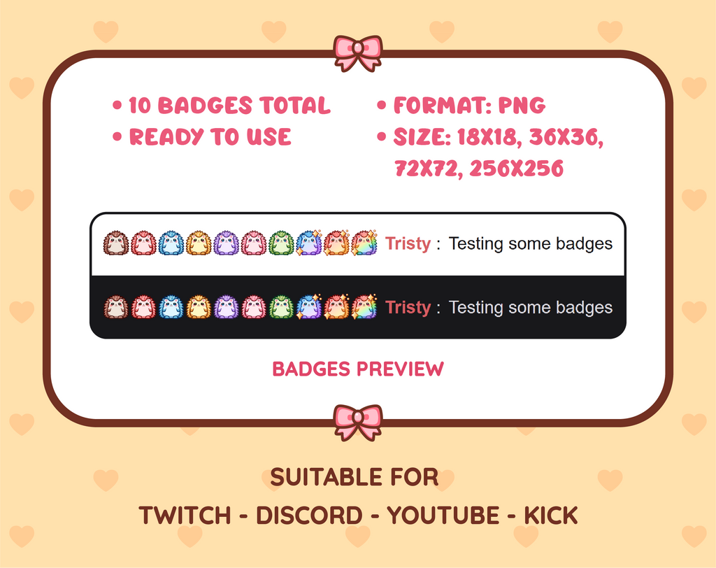 Hedgehog Twitch sub badge pack preview displaying all 10 subscriber badges with format and size information.