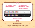 Hedgehog Twitch sub badge pack preview displaying all 10 subscriber badges with format and size information.