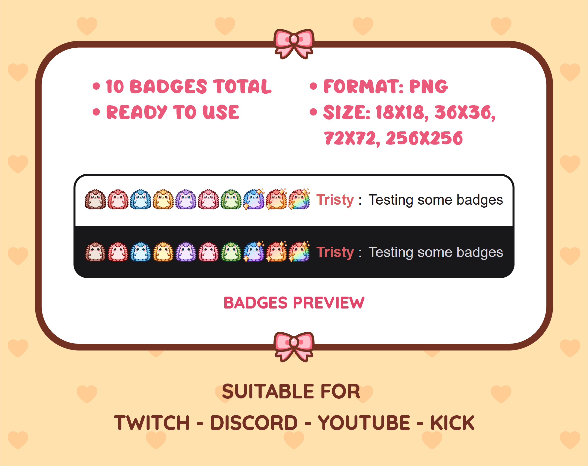 Hedgehog Twitch sub badge pack preview displaying all 10 subscriber badges with format and size information.