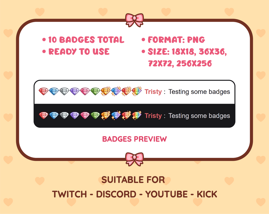 Diamond Twitch sub badge pack preview displaying all 10 subscriber badges with format and size information.