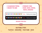 Diamond Twitch sub badge pack preview displaying all 10 subscriber badges with format and size information.