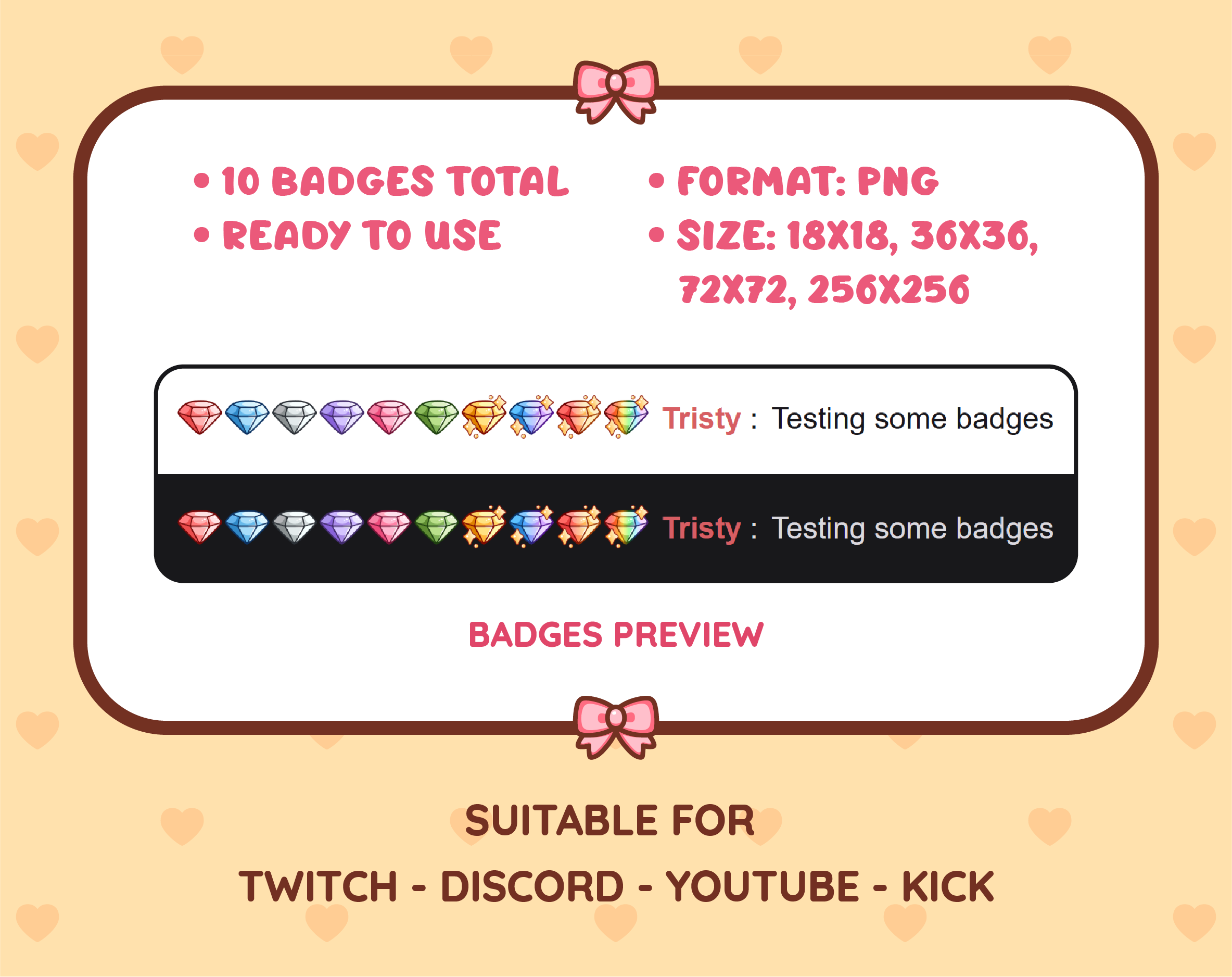 Diamond Twitch sub badge pack preview displaying all 10 subscriber badges with format and size information.
