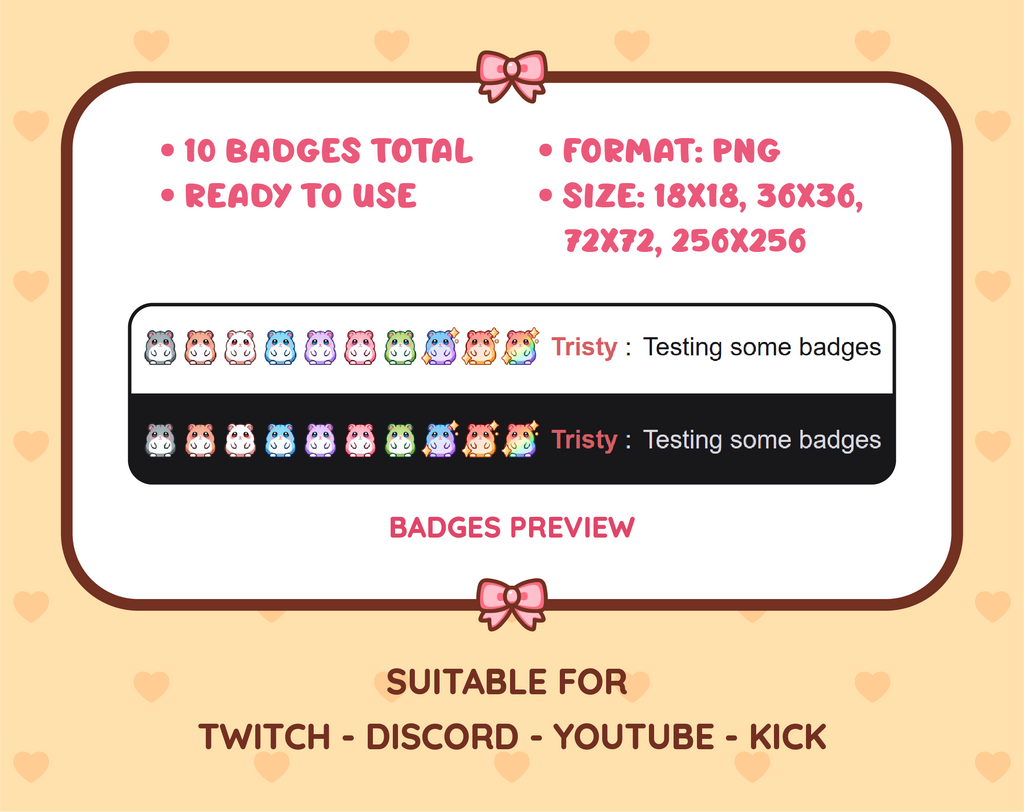 Hamster Twitch sub badge pack preview displaying all 10 subscriber badges with format and size information.
