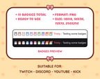Hamster Twitch sub badge pack preview displaying all 10 subscriber badges with format and size information.