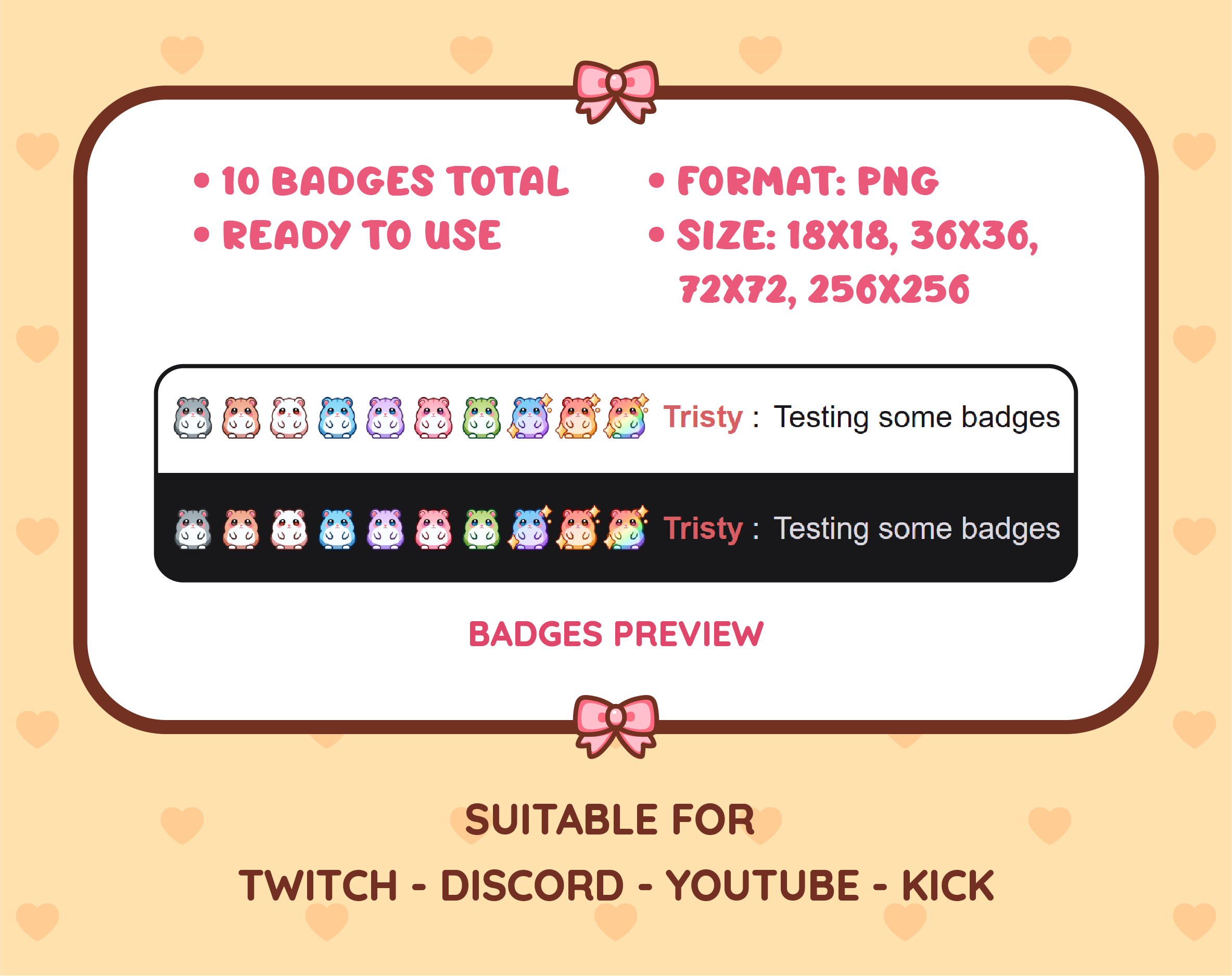 Hamster Twitch sub badge pack preview displaying all 10 subscriber badges with format and size information.