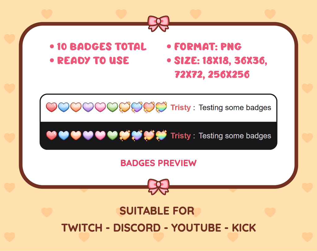 Heart Twitch sub badge pack preview displaying all 10 subscriber badges with format and size information.
