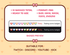 Heart Twitch sub badge pack preview displaying all 10 subscriber badges with format and size information.