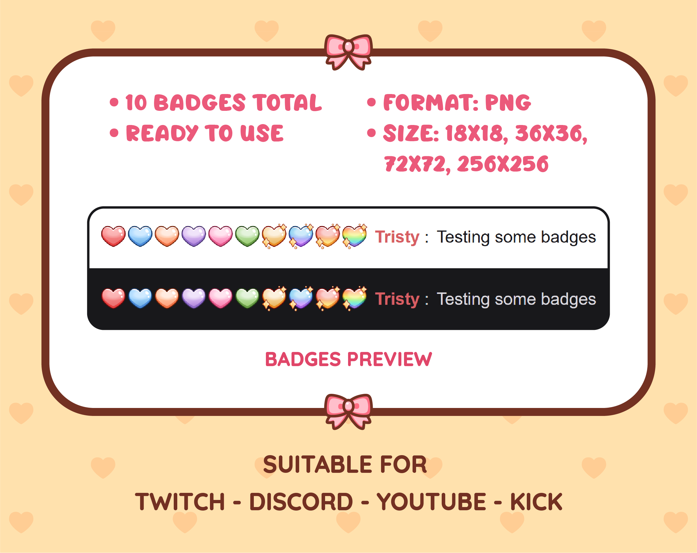 Heart Twitch sub badge pack preview displaying all 10 subscriber badges with format and size information.