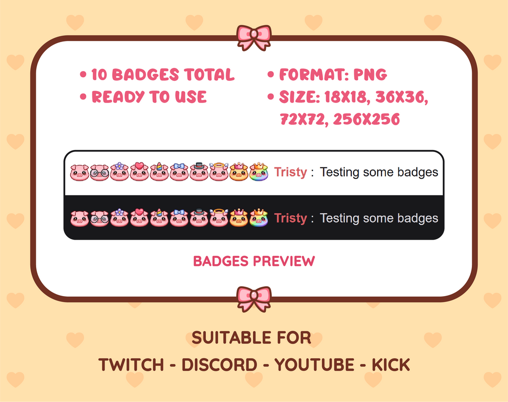 Pig Twitch sub badge pack preview displaying all 10 subscriber badges with format and size information.