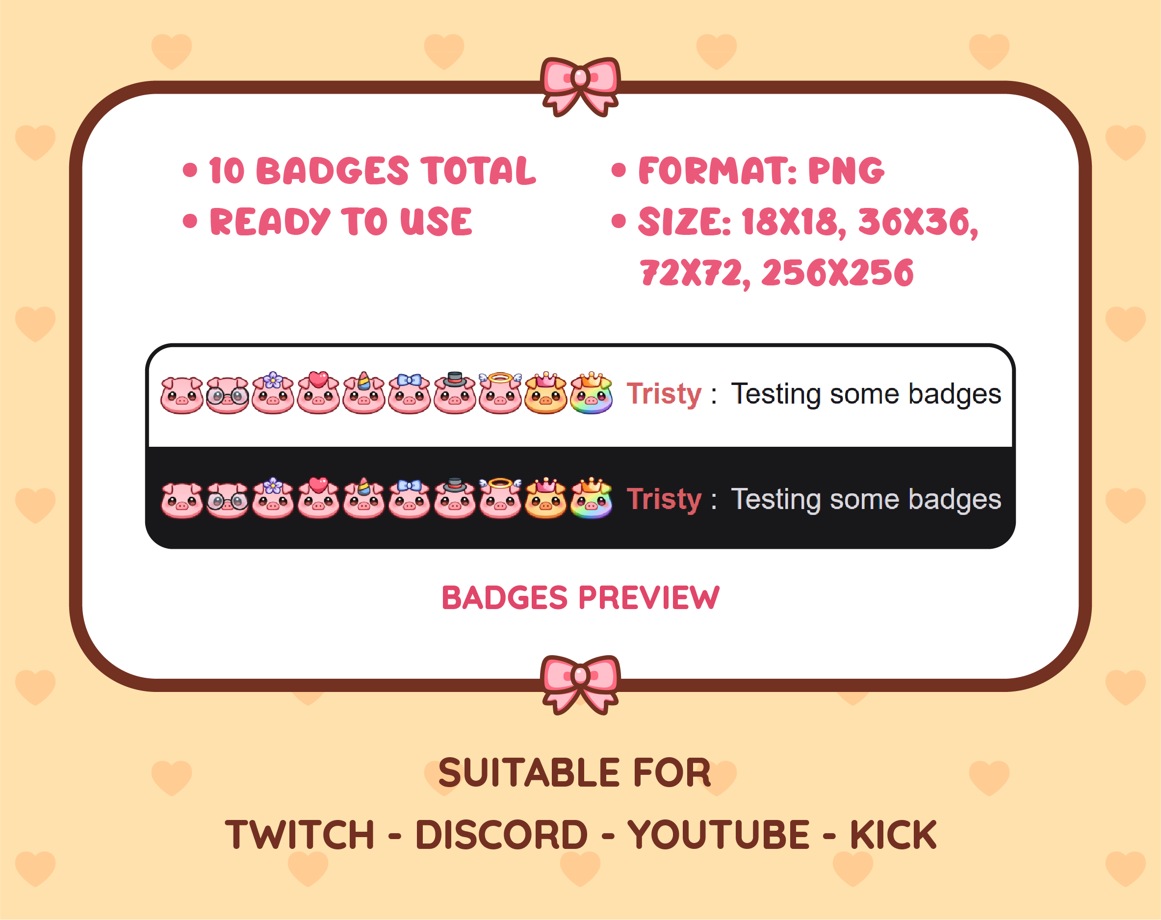 Pig Twitch sub badge pack preview displaying all 10 subscriber badges with format and size information.