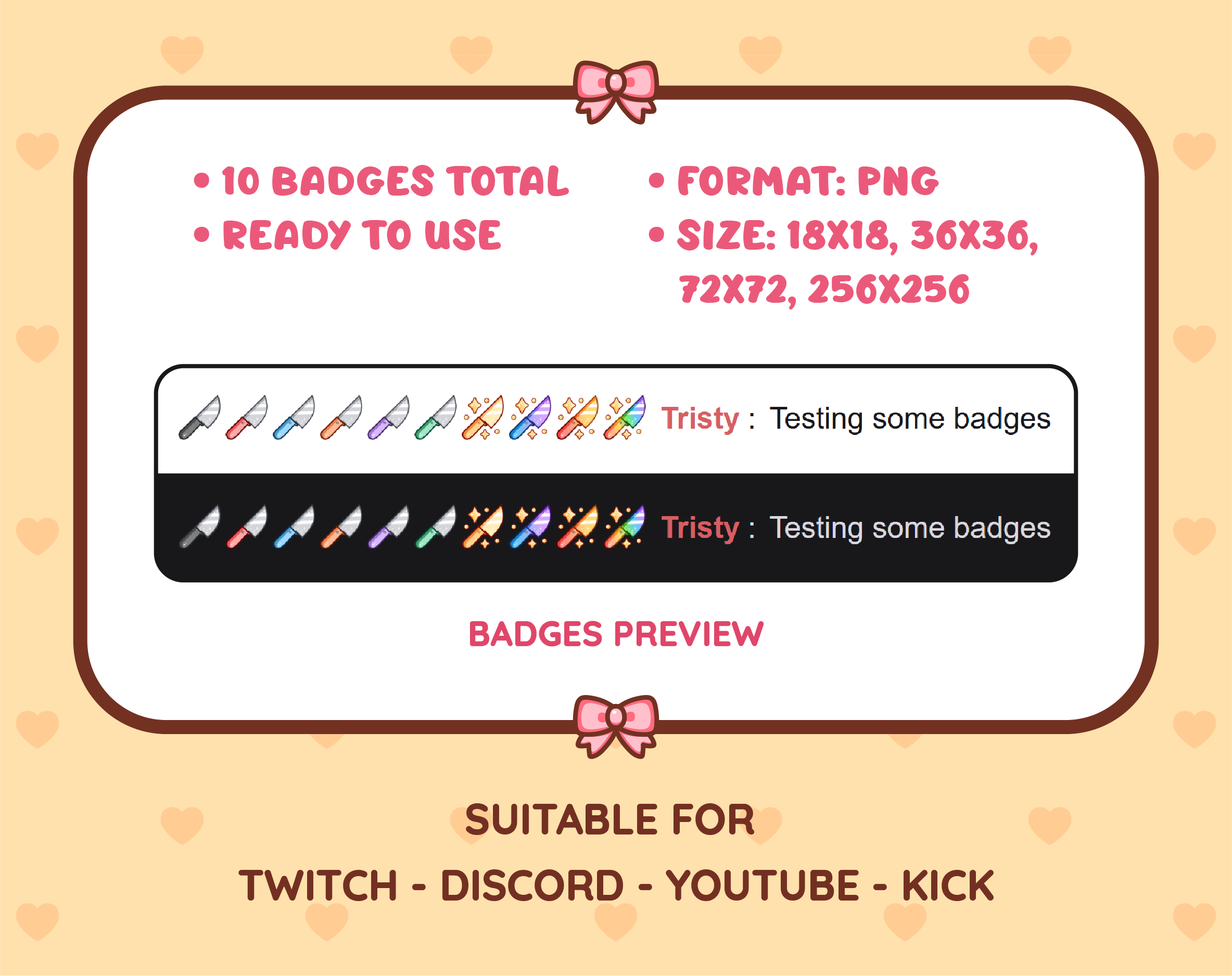 Knife Twitch sub badge pack preview displaying all 10 subscriber badges with format and size information.