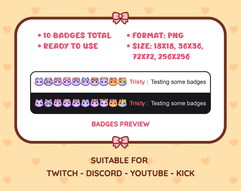 Purple Cat Twitch sub badge pack preview displaying all 10 subscriber badges with format and size information.