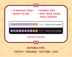 Purple Cat Twitch sub badge pack preview displaying all 10 subscriber badges with format and size information.