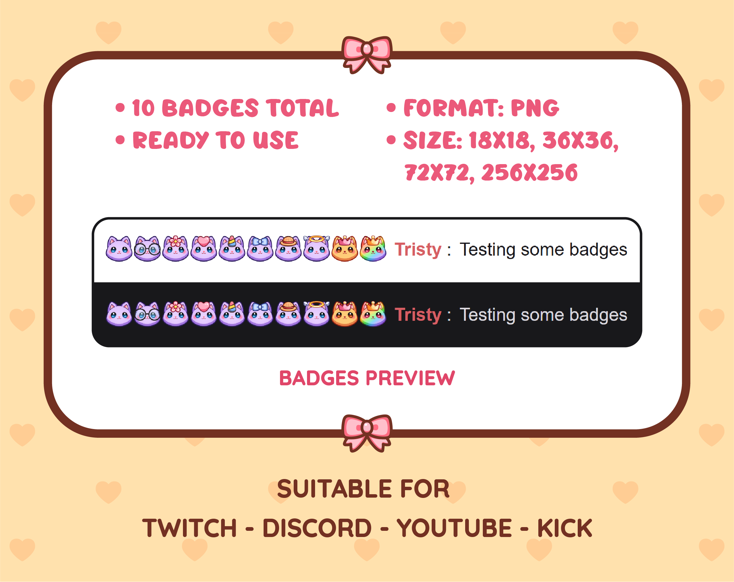 Purple Cat Twitch sub badge pack preview displaying all 10 subscriber badges with format and size information.