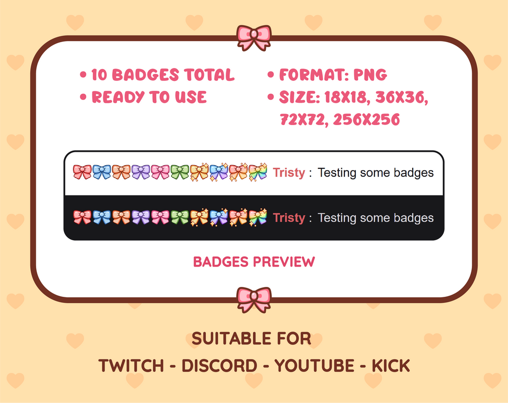 Bow Twitch sub badge pack preview displaying all 10 subscriber badges with format and size information.