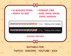 Bow Twitch sub badge pack preview displaying all 10 subscriber badges with format and size information.