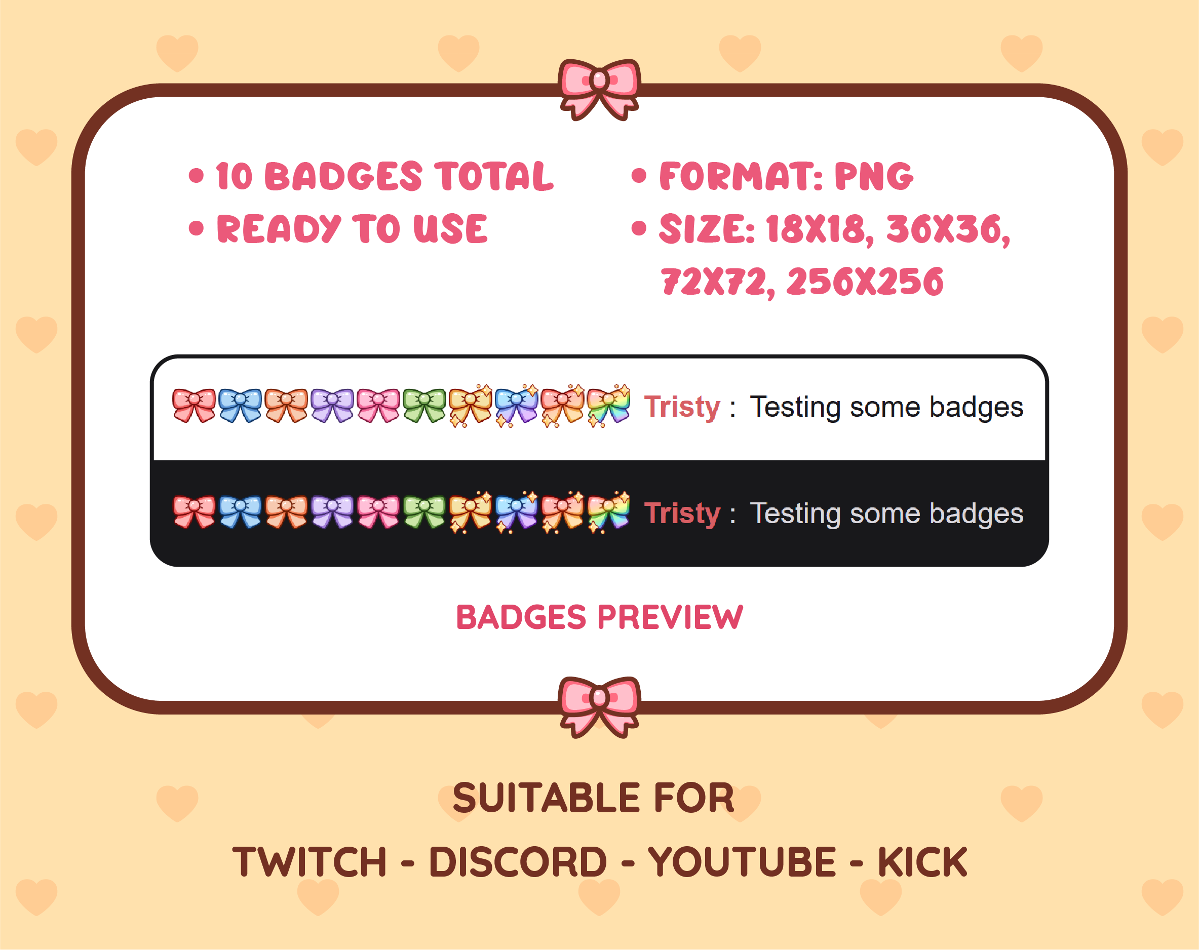 Bow Twitch sub badge pack preview displaying all 10 subscriber badges with format and size information.