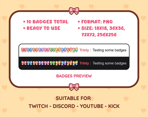 Bow Twitch sub badge pack preview displaying all 10 subscriber badges with format and size information.