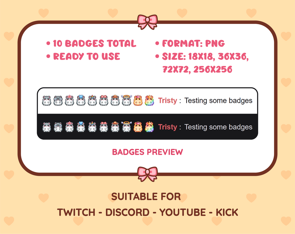 Gray Hamster Twitch sub badge pack preview displaying all 10 subscriber badges with format and size information.