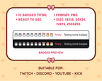 Gray Hamster Twitch sub badge pack preview displaying all 10 subscriber badges with format and size information.