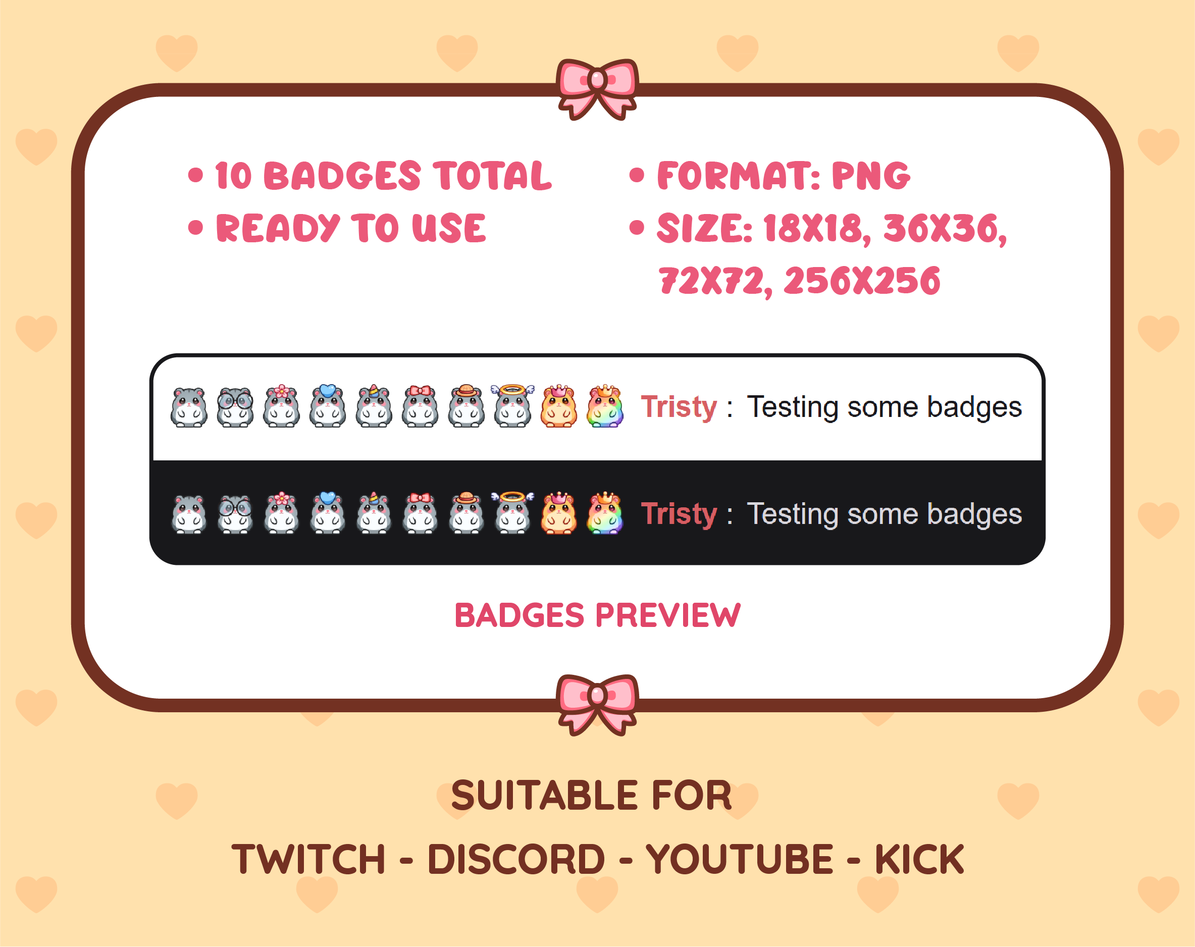 Gray Hamster Twitch sub badge pack preview displaying all 10 subscriber badges with format and size information.