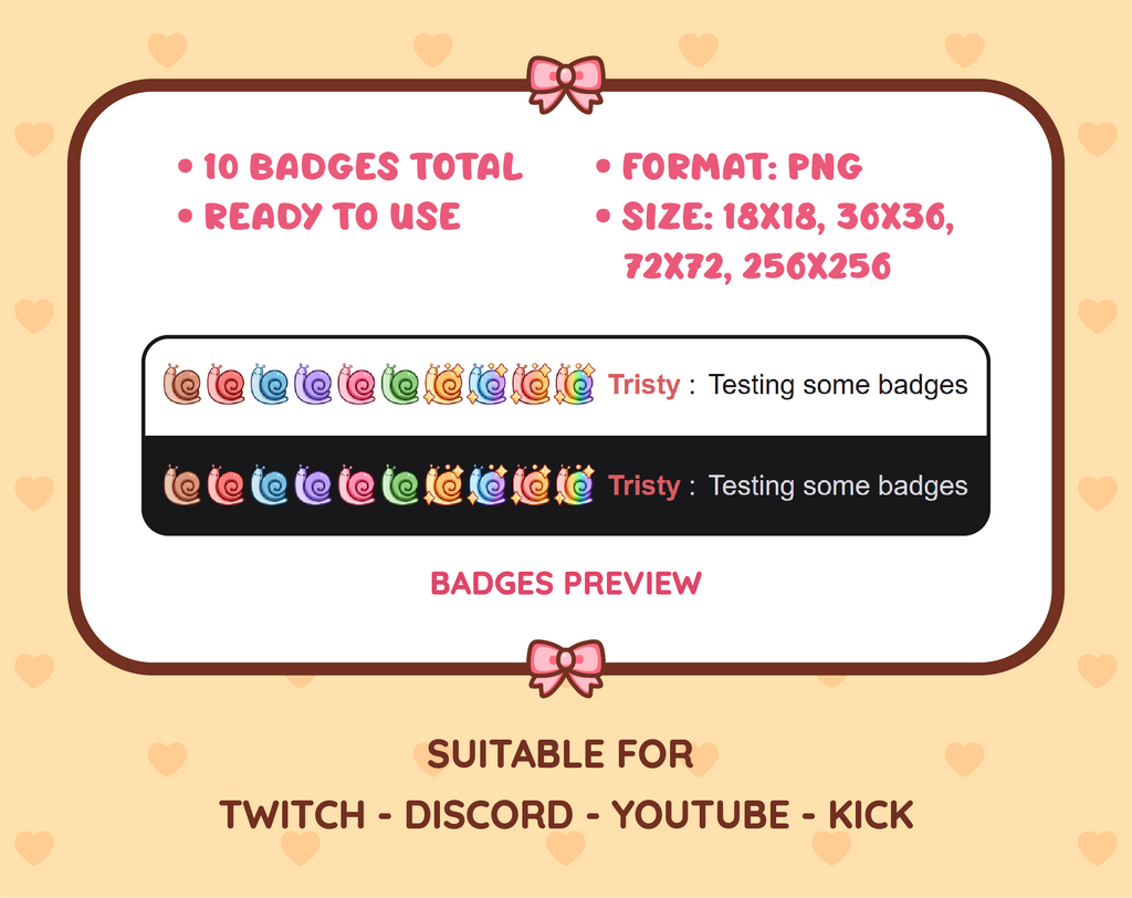 Snail Twitch sub badge pack preview displaying all 10 subscriber badges with format and size information.
