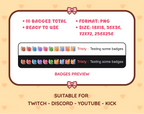 Snail Twitch sub badge pack preview displaying all 10 subscriber badges with format and size information.
