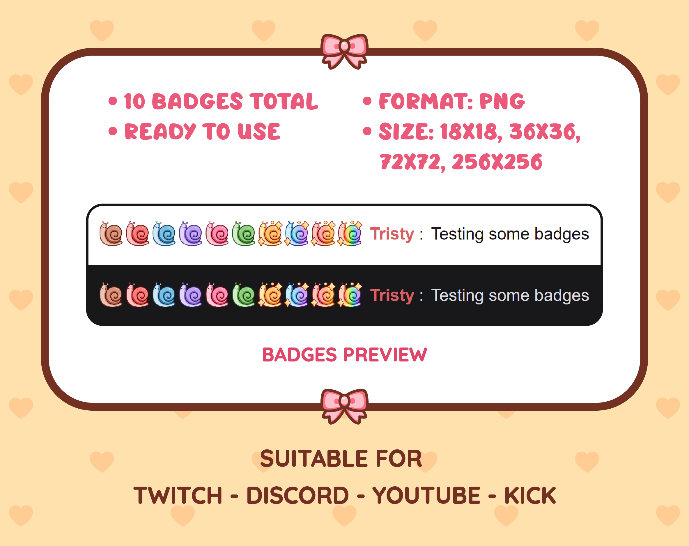 Snail Twitch sub badge pack preview displaying all 10 subscriber badges with format and size information.