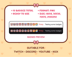Siamese Cat Twitch sub badge pack preview displaying all 10 subscriber badges with format and size information.