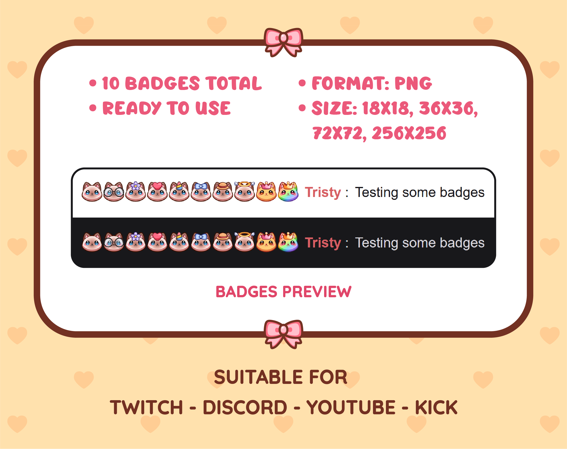 Siamese Cat Twitch sub badge pack preview displaying all 10 subscriber badges with format and size information.