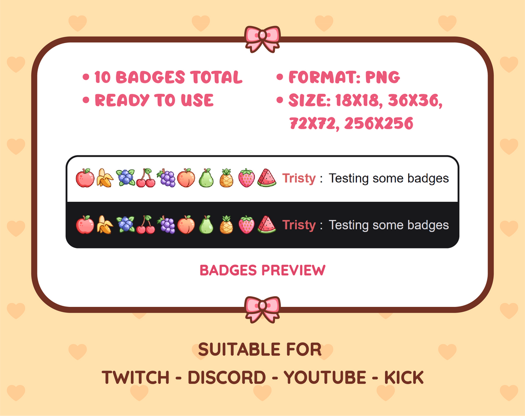 Fruit Twitch sub badge pack preview displaying all 10 subscriber badges with format and size information.