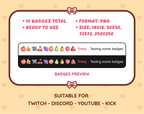 Fruit Twitch sub badge pack preview displaying all 10 subscriber badges with format and size information.