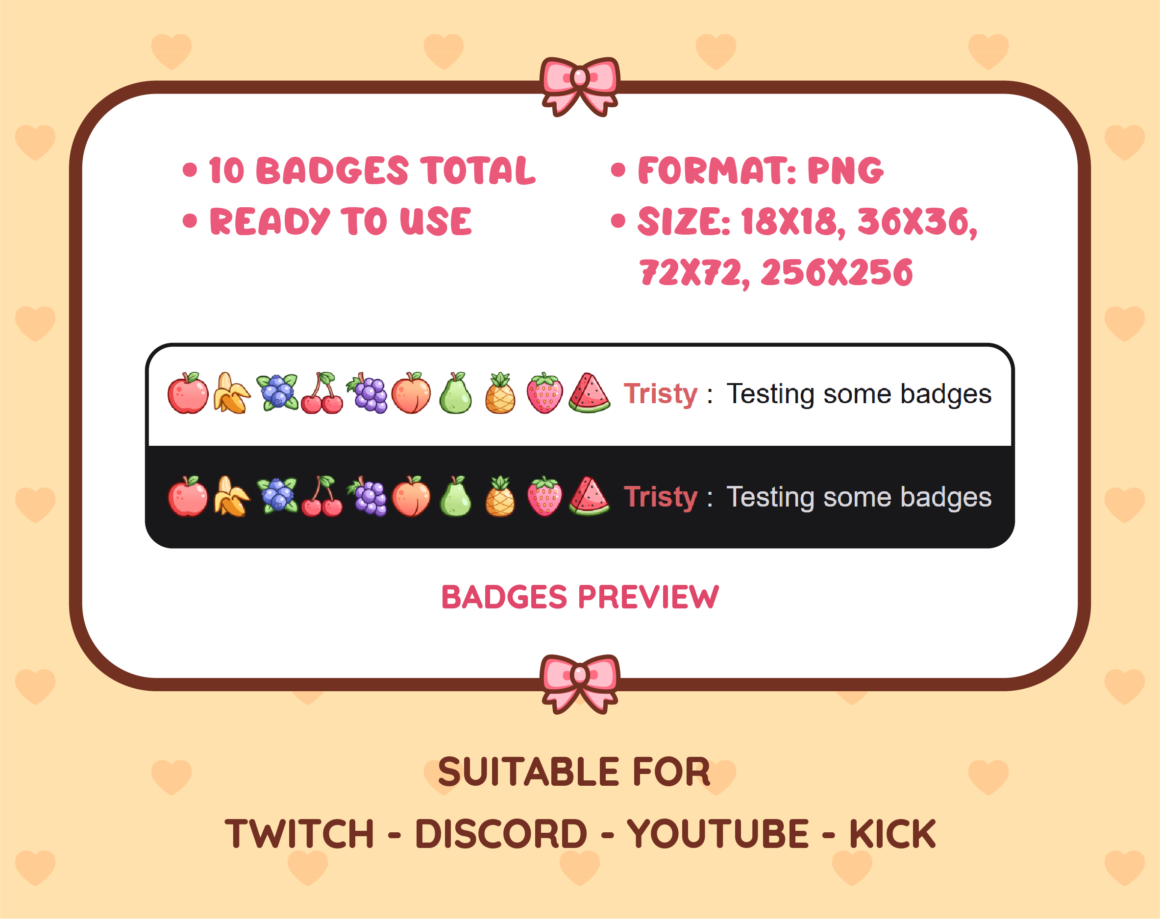 Fruit Twitch sub badge pack preview displaying all 10 subscriber badges with format and size information.