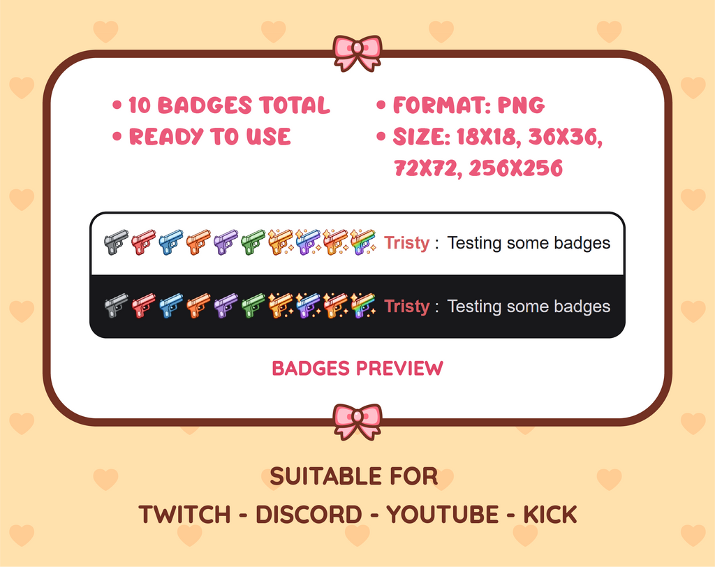 Pistol Twitch sub badge pack preview displaying all 10 subscriber badges with format and size information.