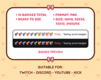 Pistol Twitch sub badge pack preview displaying all 10 subscriber badges with format and size information.