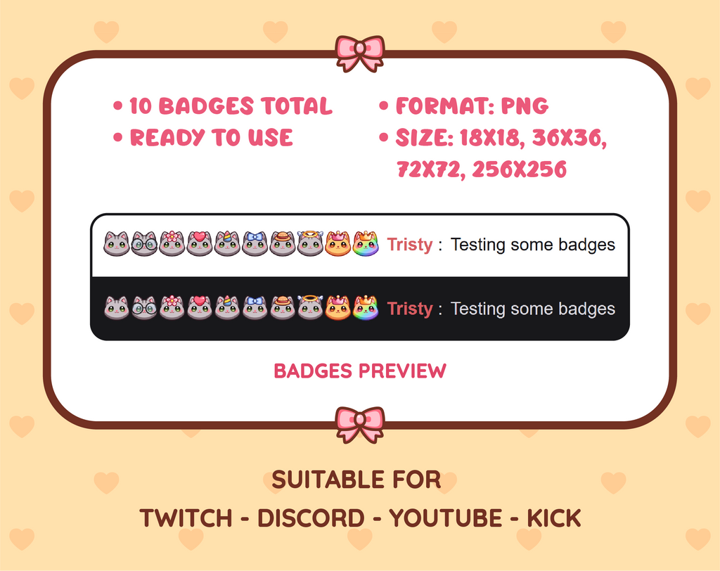 Gray Tabby Cat Twitch sub badge pack preview displaying all 10 subscriber badges with format and size information.