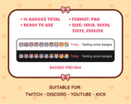 Gray Tabby Cat Twitch sub badge pack preview displaying all 10 subscriber badges with format and size information.
