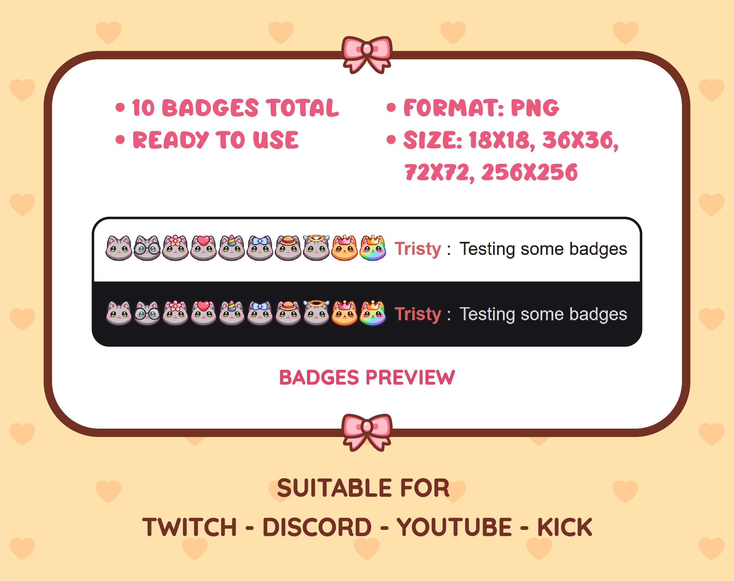Gray Tabby Cat Twitch sub badge pack preview displaying all 10 subscriber badges with format and size information.