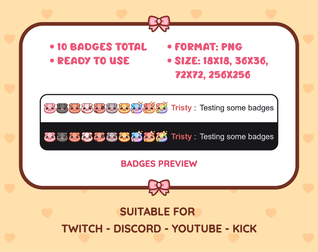 Pig Twitch sub badge pack preview displaying all 10 subscriber badges with format and size information.