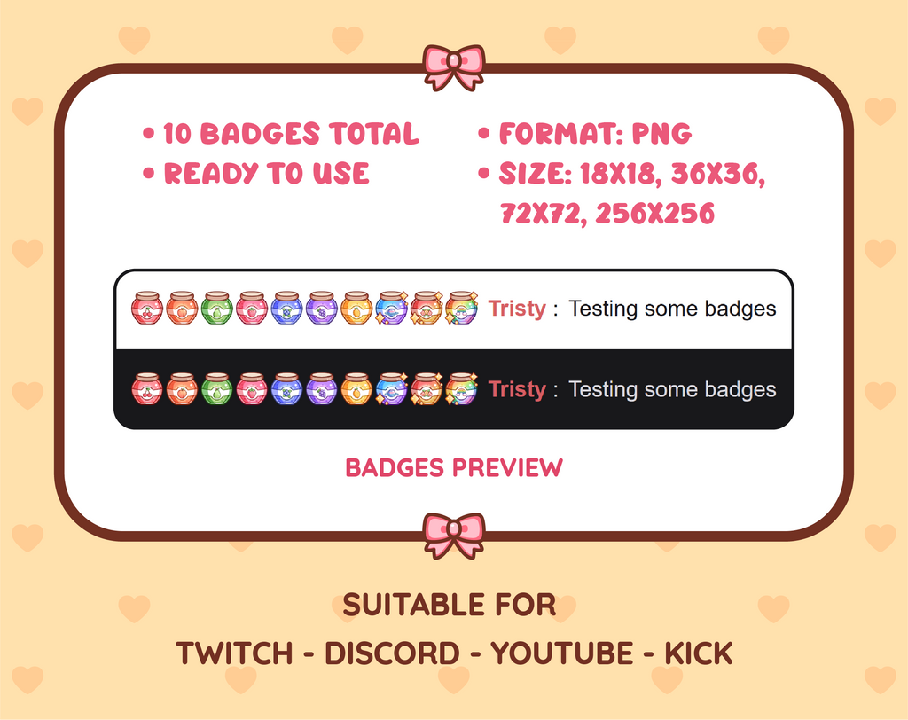 Jam Jar Twitch sub badge pack preview displaying all 10 subscriber badges with format and size information.